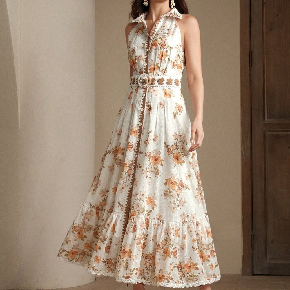 Orange Elegant Women's Sleeveless Floral Print Dress - Picture 13 of 13